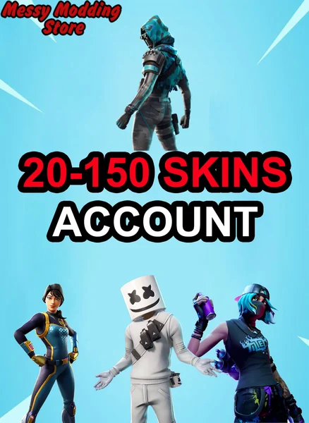 Fortnite Full Access Accounts with 20-150 Skins — MessyModdingStore. FN account tier card art.