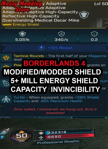 Borderlands 4 – Modified/Modded Shield 5+ Mill Energy Shield Capacity Invincibility — MessyModdingStore